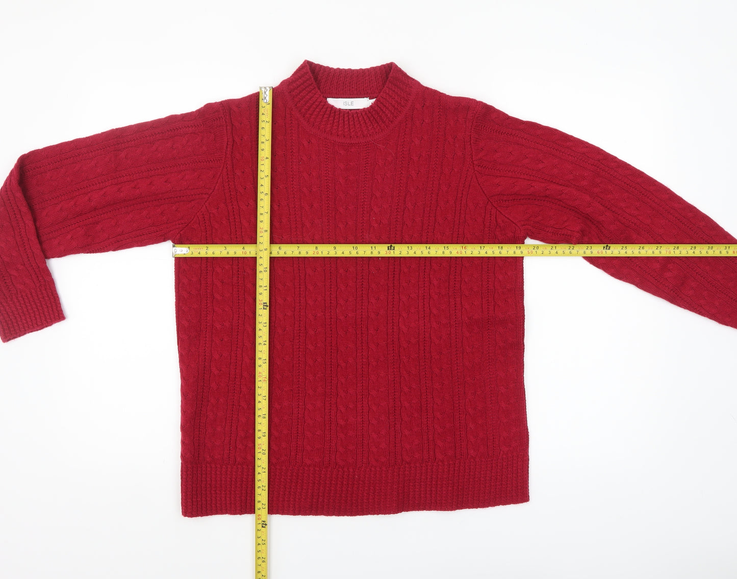 Isle Women Red Cable-Knit Acrylic Jumper Size S 10-12