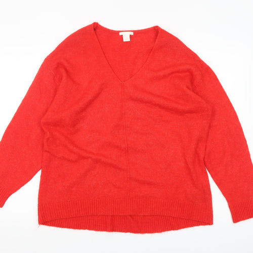 H&M Women's Red V-Neck Relaxed Fit Knit Jumper Size S