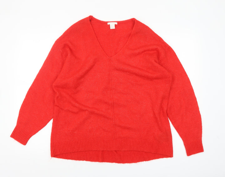 H&M Women's Red V-Neck Relaxed Fit Knit Jumper Size S