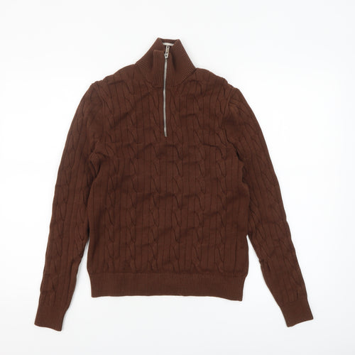 Marks and Spencer Men's Brown Cable-Knit 1/2 Zip Jumper Size S