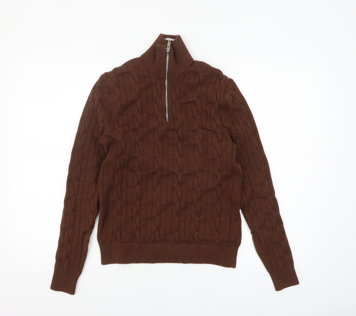 Marks and Spencer Men's Brown Cable-Knit 1/2 Zip Jumper Size S