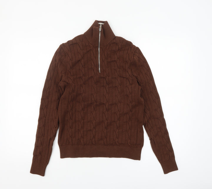 Marks and Spencer Men's Brown Cable-Knit 1/2 Zip Jumper Size S