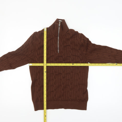 Marks and Spencer Men's Brown Cable-Knit 1/2 Zip Jumper Size S