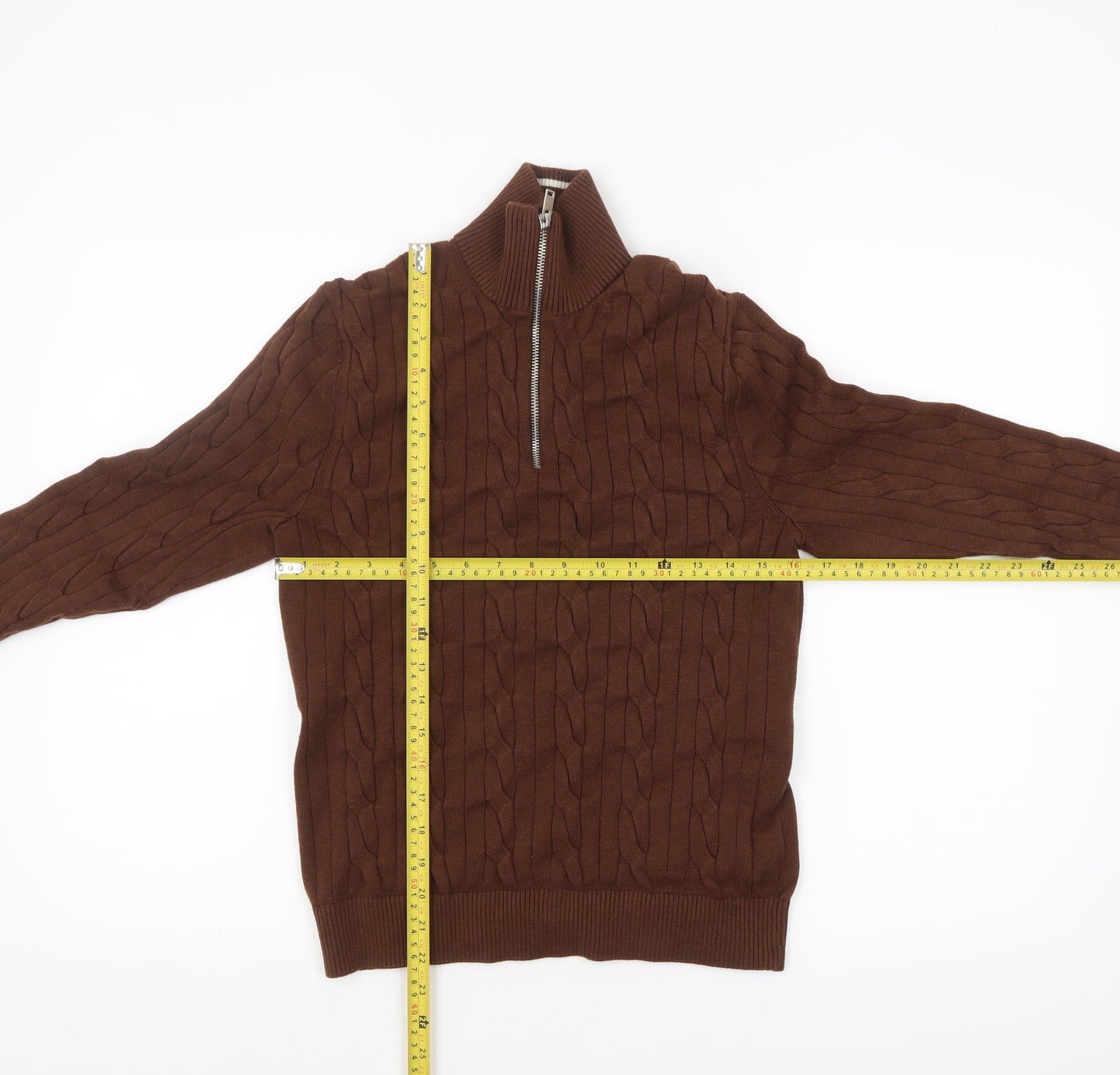 Marks and Spencer Men's Brown Cable-Knit 1/2 Zip Jumper Size S