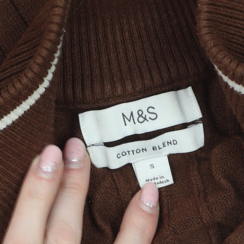 Marks and Spencer Men's Brown Cable-Knit 1/2 Zip Jumper Size S