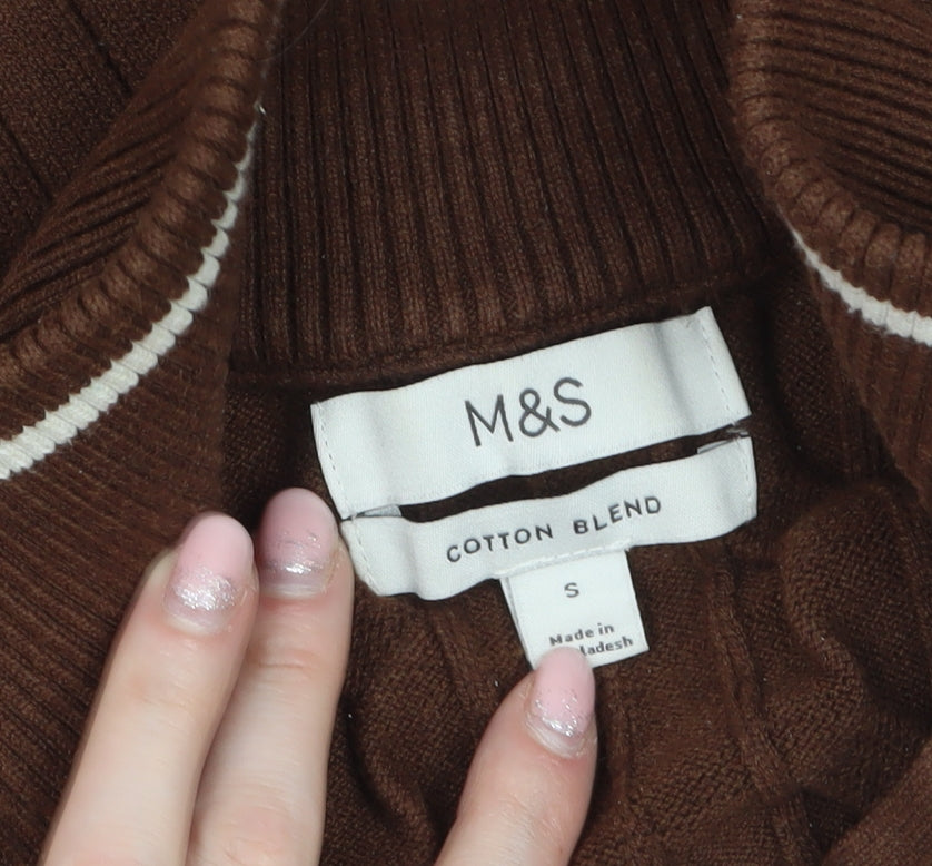 Marks and Spencer Men's Brown Cable-Knit 1/2 Zip Jumper Size S