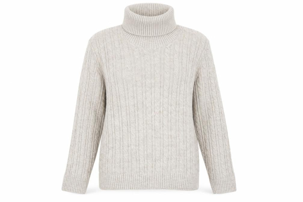 Front view of Sugar Crisp women’s beige roll neck cable-knit jumper l