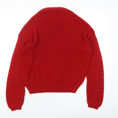 Stradivarius Women Red Chunky Knit Crew Neck Jumper Size 8
