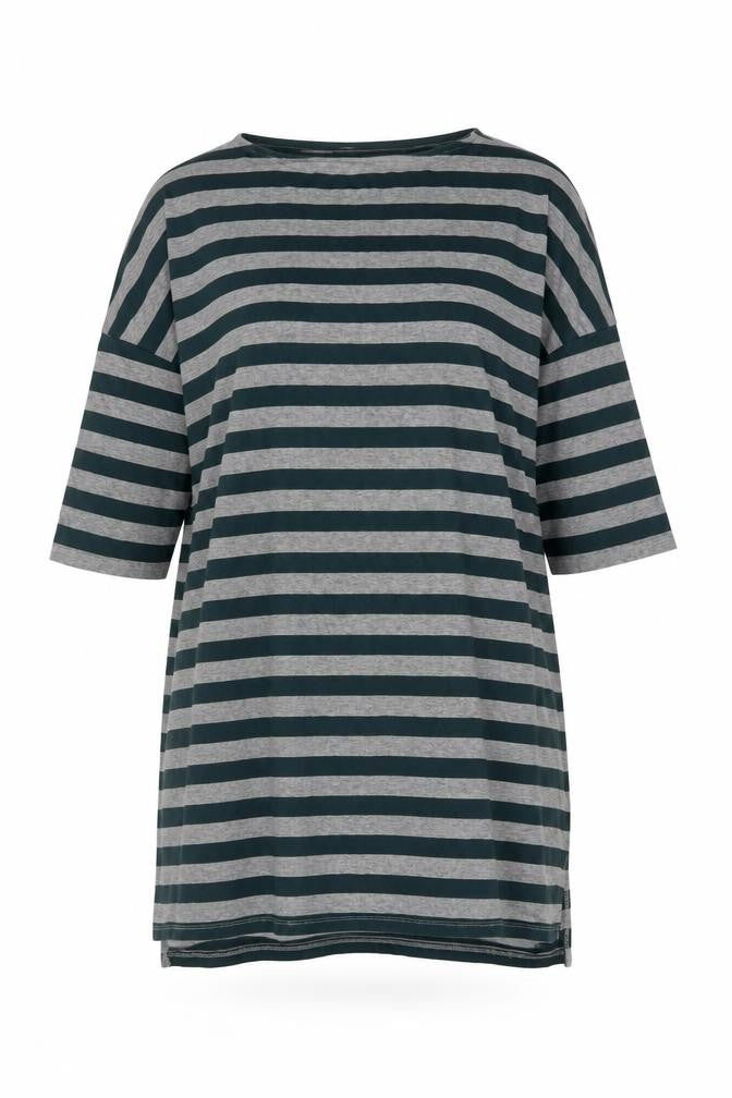 Front view of Next Women's Grey Striped 3/4 Sleeve Tunic T-Shirt, size 10