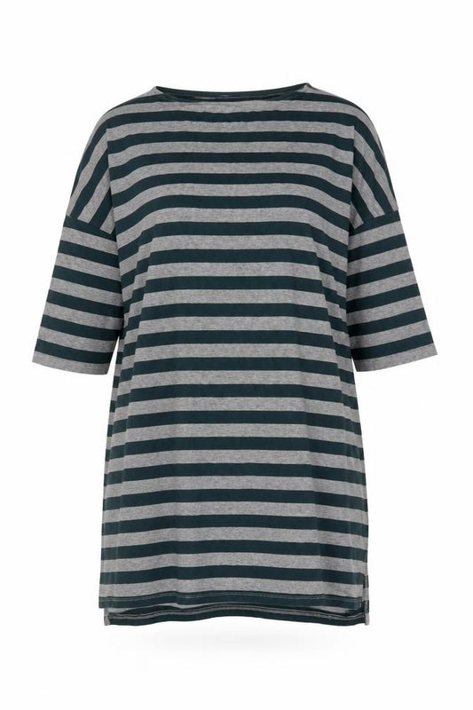 Front view of Next Women's Grey Striped 3/4 Sleeve Tunic T-Shirt, size 10