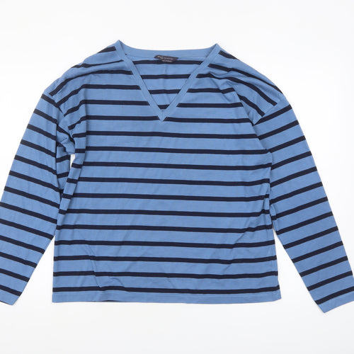 Marks and Spencer Women's Blue Striped V-Neck Long Sleeve T-Shirt Size 12