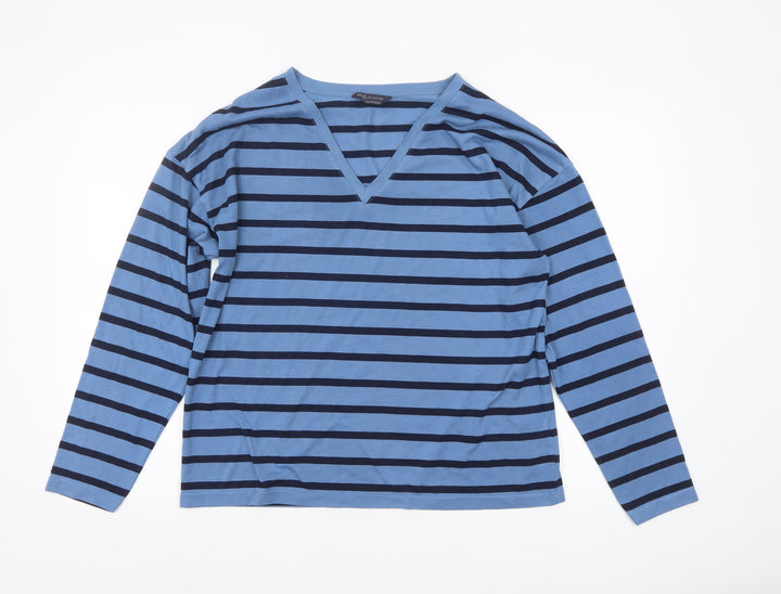 Marks and Spencer Women's Blue Striped V-Neck Long Sleeve T-Shirt Size 12