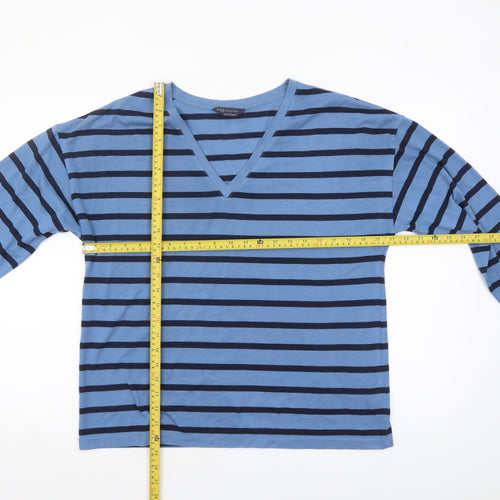 Marks and Spencer Women's Blue Striped V-Neck Long Sleeve T-Shirt Size 12