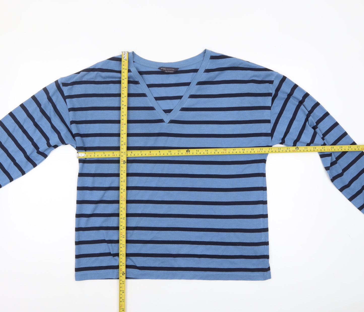 Marks and Spencer Women's Blue Striped V-Neck Long Sleeve T-Shirt Size 12