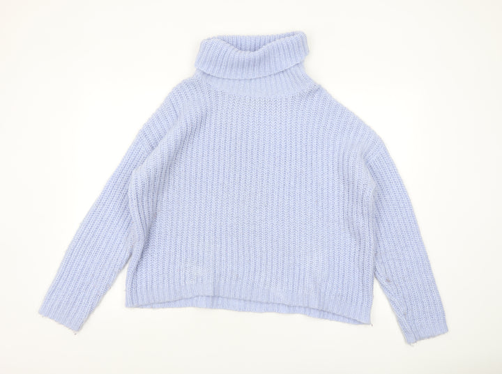 Papaya Women Blue Roll Neck Chunky Knit Acrylic Jumper Size L