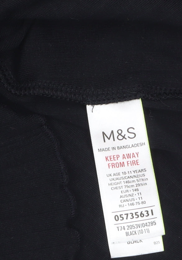 Marks and Spencer Girls Black Roll Neck Long Sleeve Cotton Top 10-11 Years