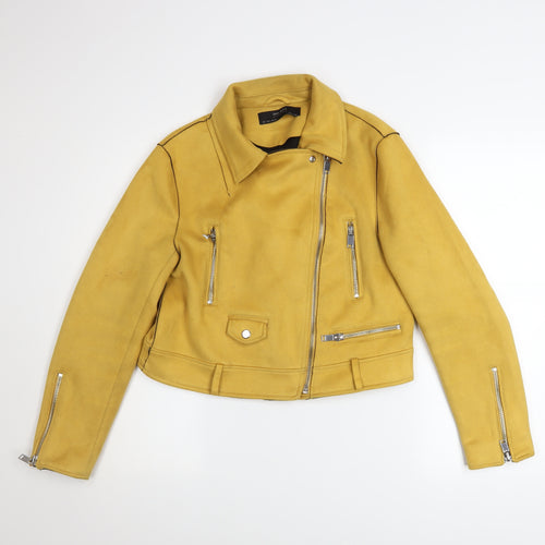 Zara Basic Women Yellow Faux Suede Biker Jacket Size L Polyester Outerwear