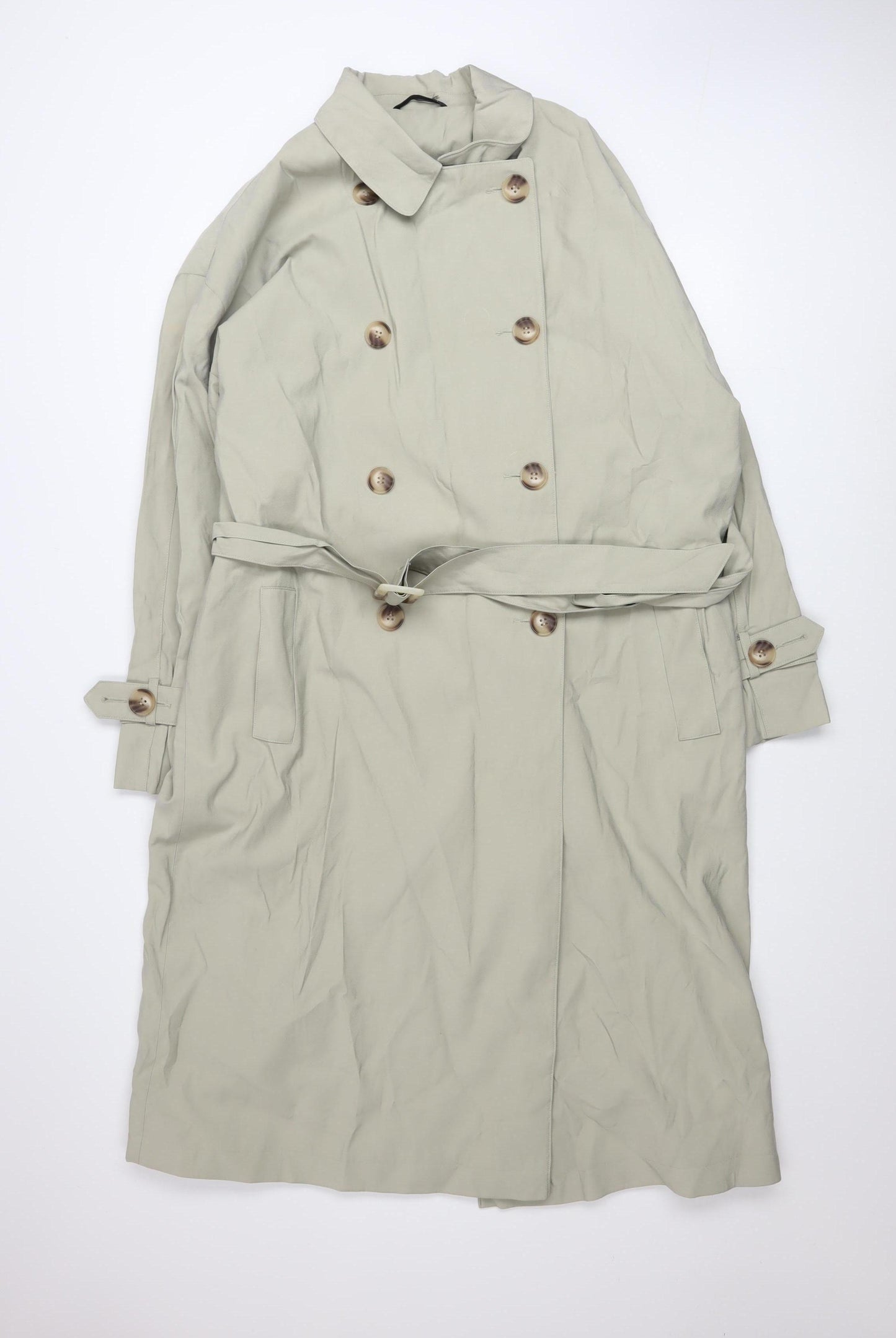 Dunnes Women Green Long Trench Coat Belted L Size Classic Style