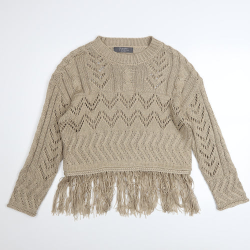 Primark Women Beige Fringe Knit Jumper Size 12-14 Acrylic Boho Style