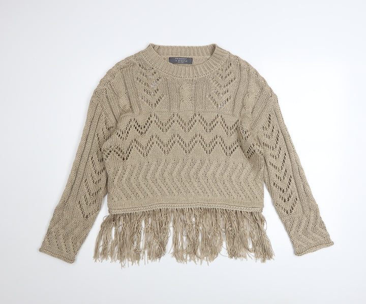 Primark Women Beige Fringe Knit Jumper Size 12-14 Acrylic Boho Style