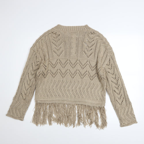 Primark Women Beige Fringe Knit Jumper Size 12-14 Acrylic Boho Style