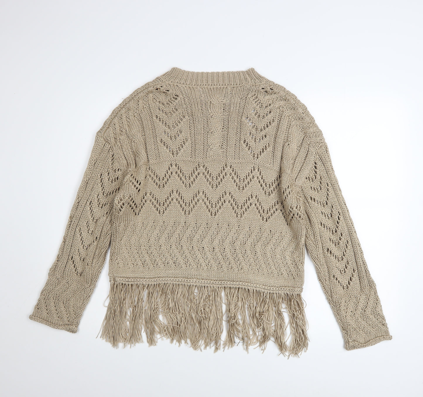 Primark Women Beige Fringe Knit Jumper Size 12-14 Acrylic Boho Style