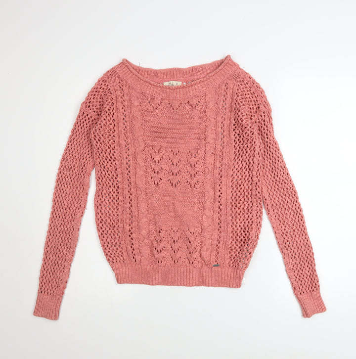 Hollister Women's Pink Open-Knit Boat Neck Jumper XS