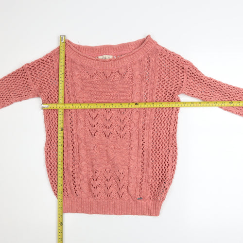 Hollister Women's Pink Open-Knit Boat Neck Jumper XS