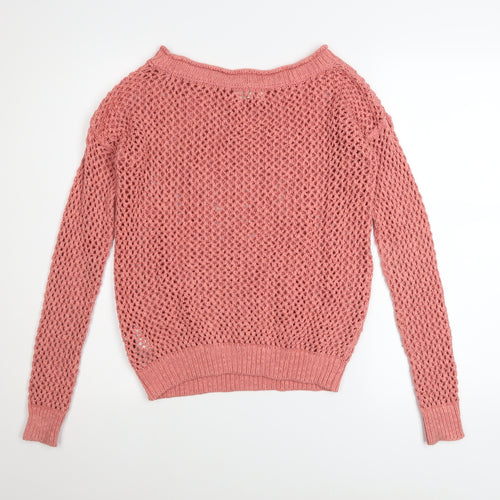 Hollister Women's Pink Open-Knit Boat Neck Jumper XS