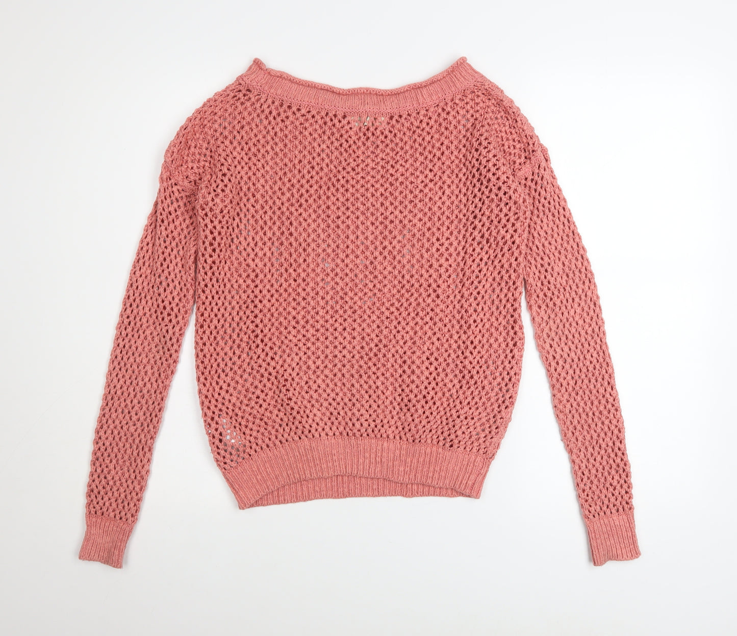 Hollister Women's Pink Open-Knit Boat Neck Jumper XS