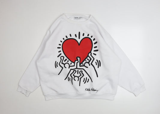 Keith Haring Women White Graphic Heart Crew Neck Sweatshirt L 14/16