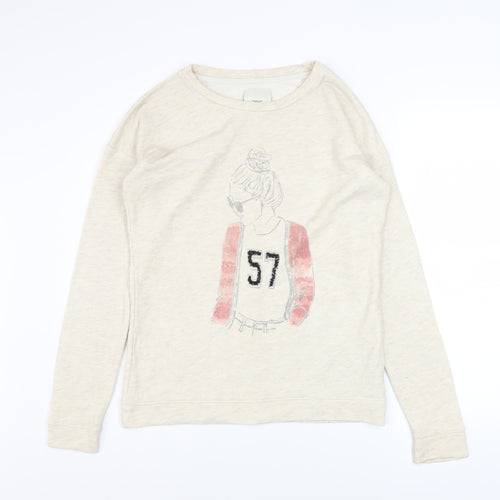 Next Women Beige Graphic Pullover Sweatshirt UK 8 Cotton Blend
