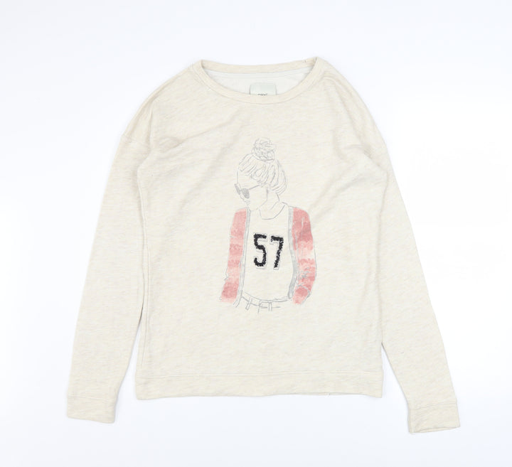 Next Women Beige Graphic Pullover Sweatshirt UK 8 Cotton Blend