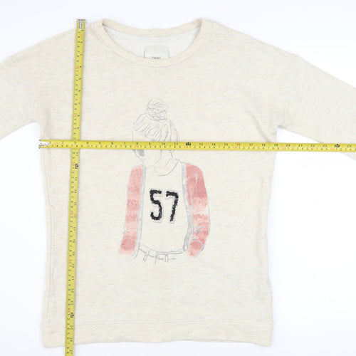 Next Women Beige Graphic Pullover Sweatshirt UK 8 Cotton Blend
