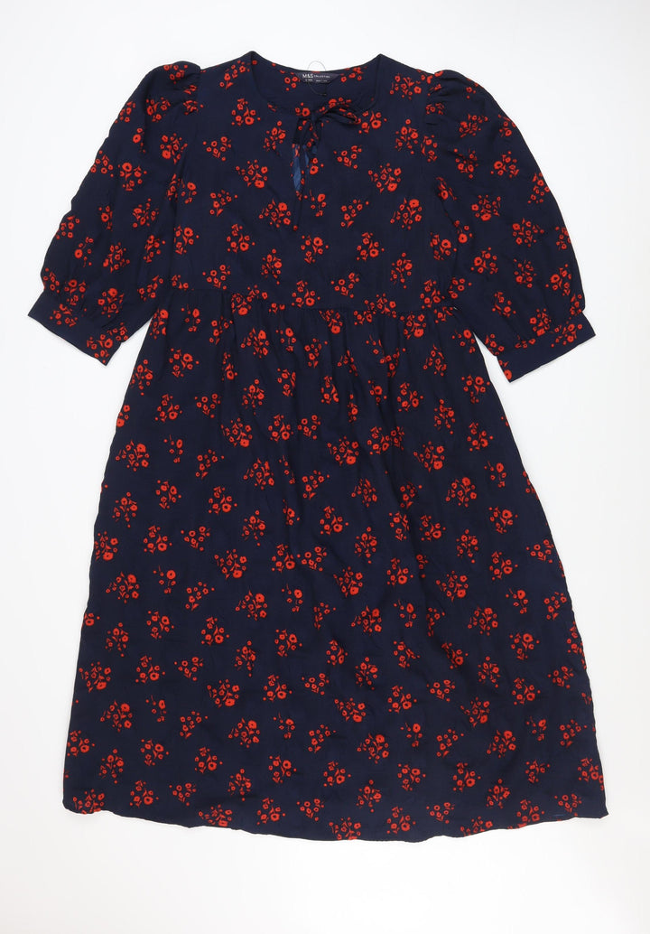 Marks and Spencer Women Blue Floral A-Line Midi Dress Size 8