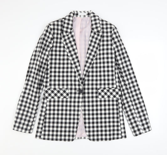Topshop Women’s Black Check Blazer UK 10 Tall Lined Single-Breasted Jacket