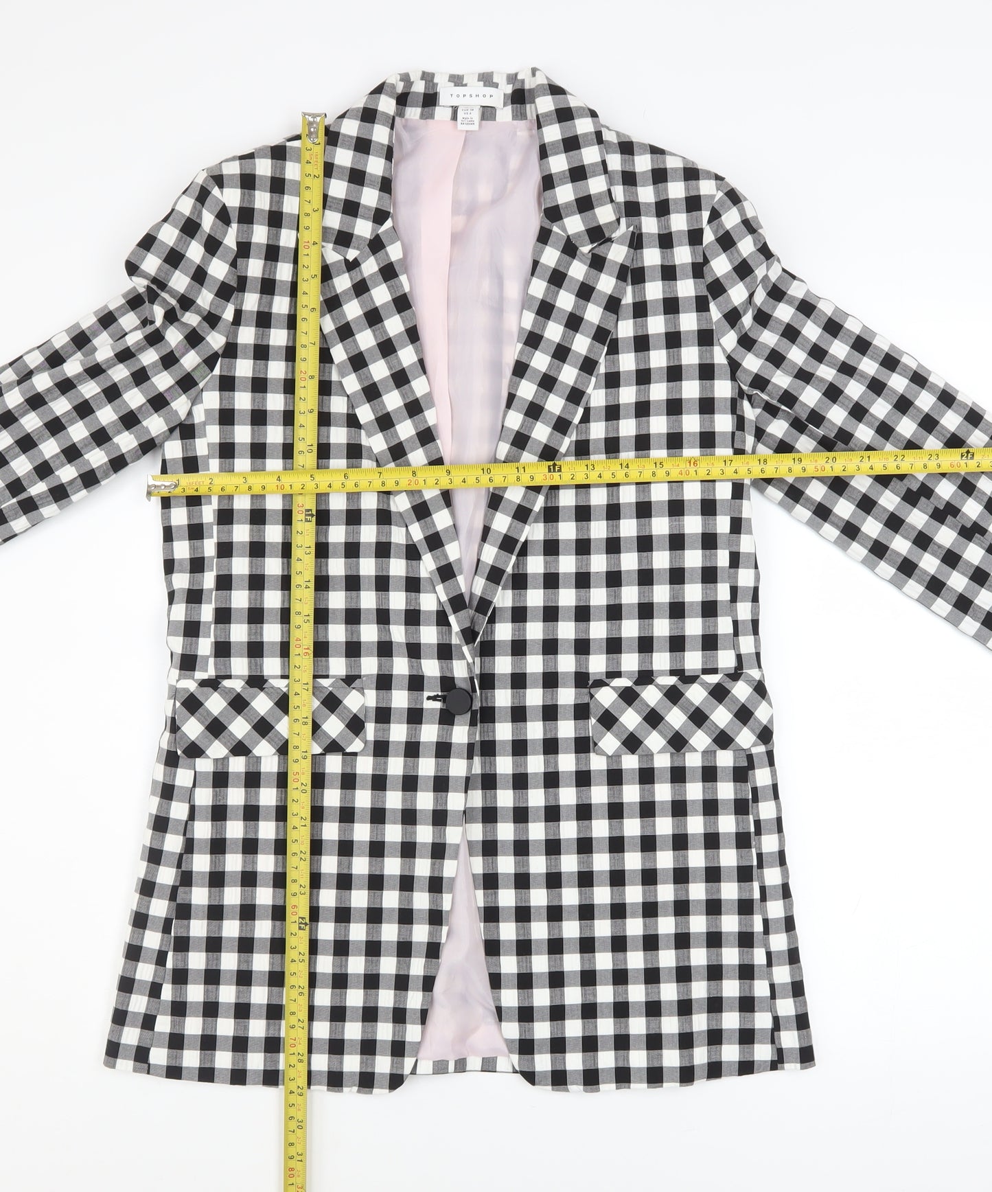 Topshop Women’s Black Check Blazer UK 10 Tall Lined Single-Breasted Jacket