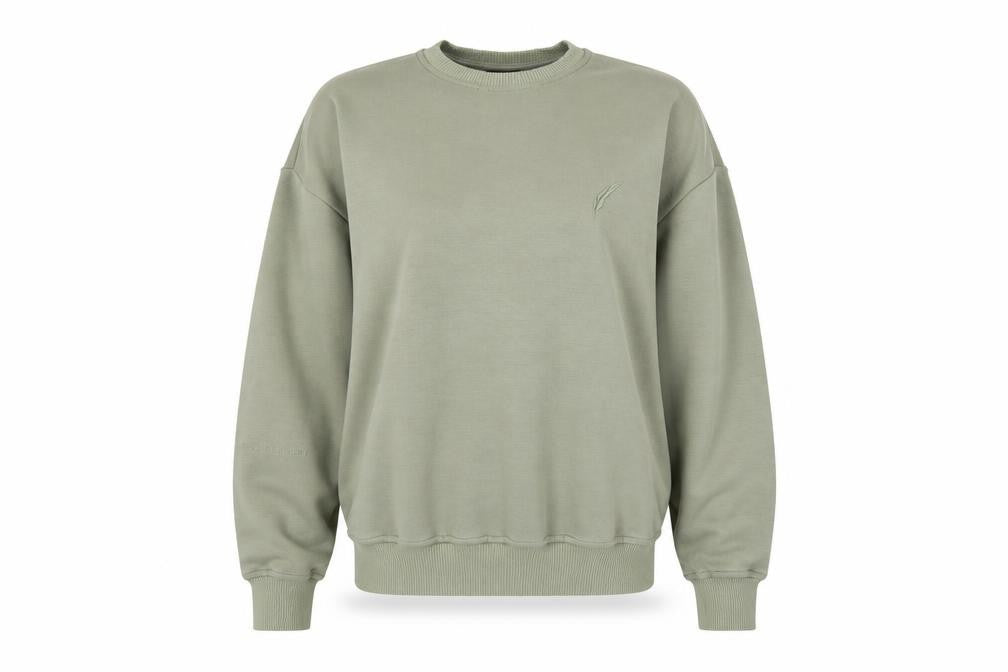 Front view of Kleinigkeit women’s olive green crew neck pullover sweatshirt xs
