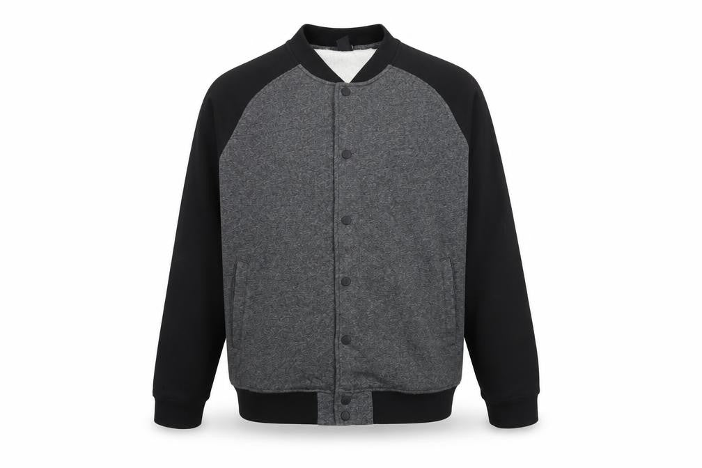 Front view of H&M Men’s Grey Black Varsity Jacket XL Cotton Blend Casual