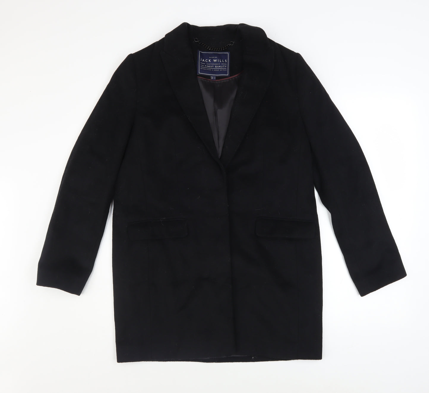 Jack Wills Womens Black Wool Blend Overcoat UK 8 Lined Single-Breasted
