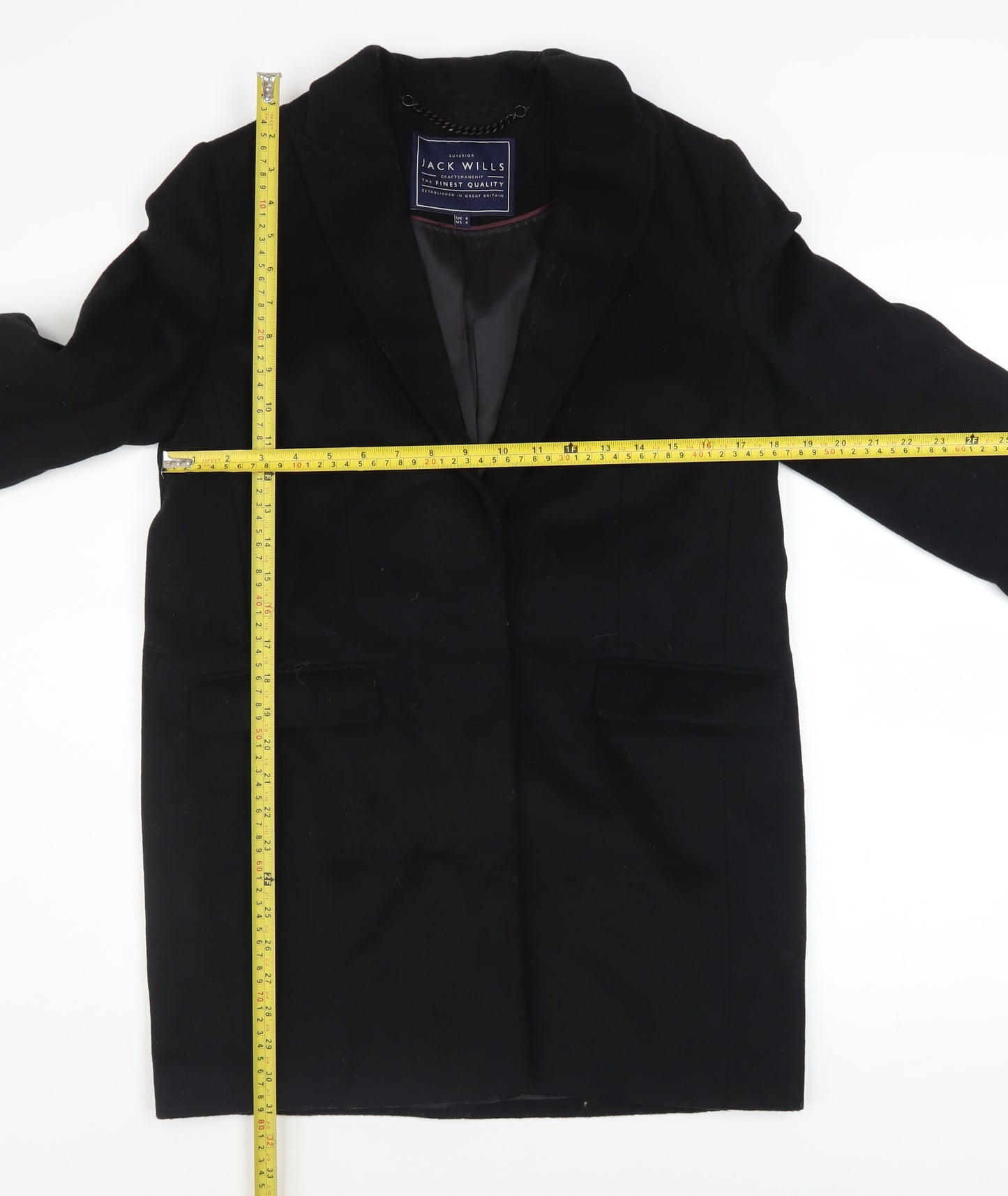 Jack Wills Womens Black Wool Blend Overcoat UK 8 Lined Single-Breasted