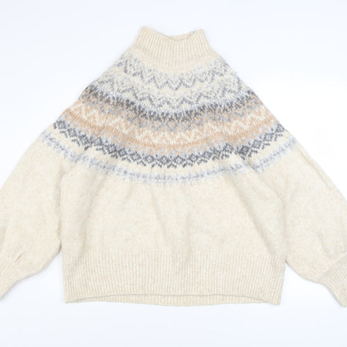Marks and Spencer Women Beige Fair Isle High Neck Chunky Knit Jumper XL