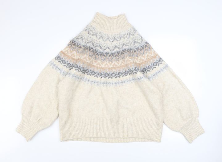 Marks and Spencer Women Beige Fair Isle High Neck Chunky Knit Jumper XL