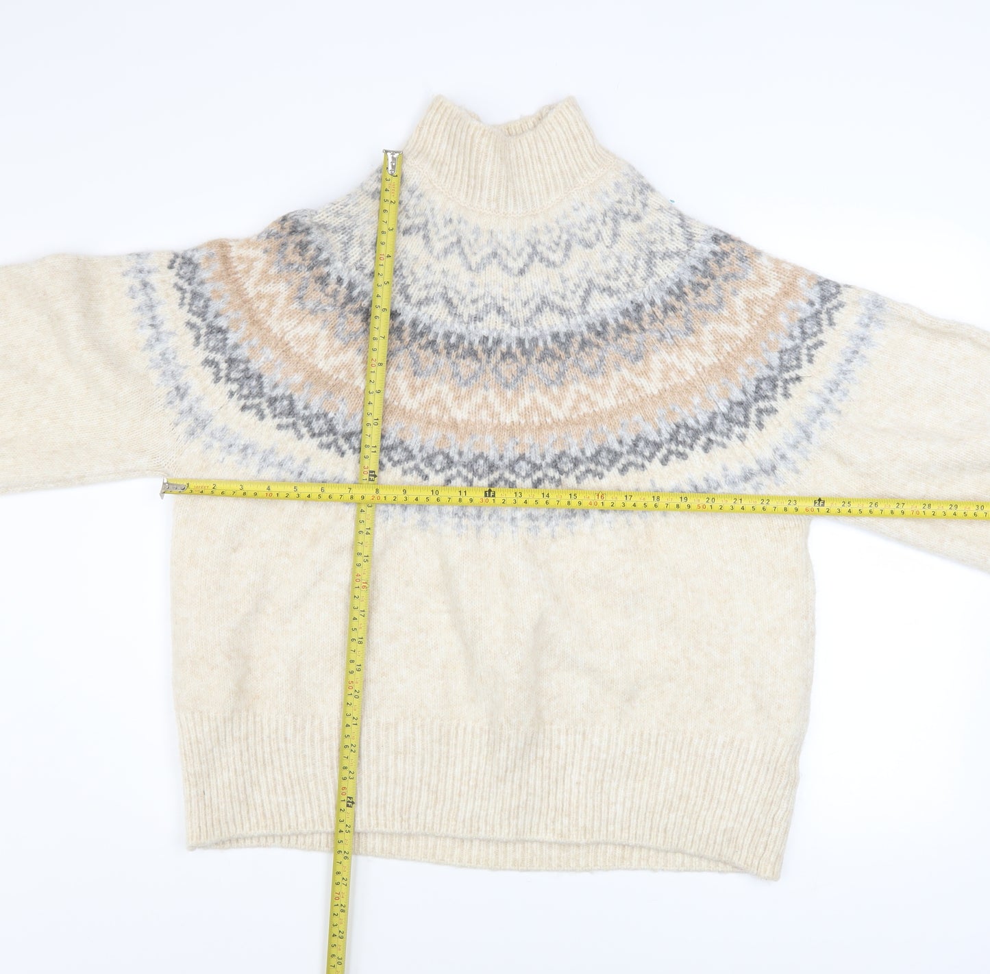 Marks and Spencer Women Beige Fair Isle High Neck Chunky Knit Jumper XL