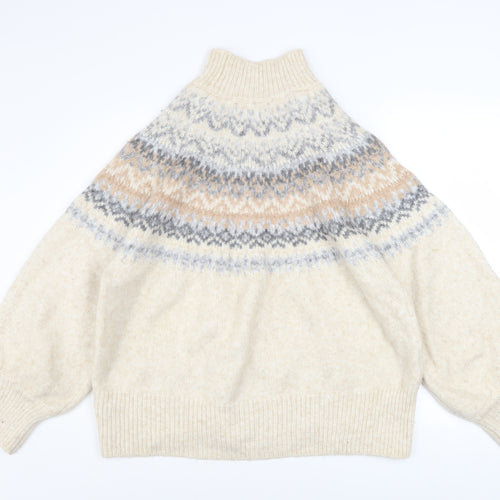 Marks and Spencer Women Beige Fair Isle High Neck Chunky Knit Jumper XL