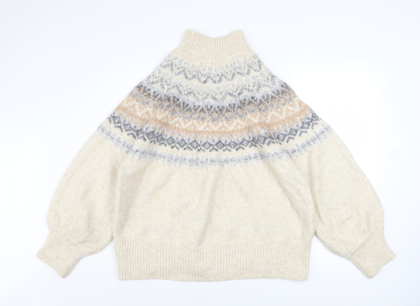 Marks and Spencer Women Beige Fair Isle High Neck Chunky Knit Jumper XL