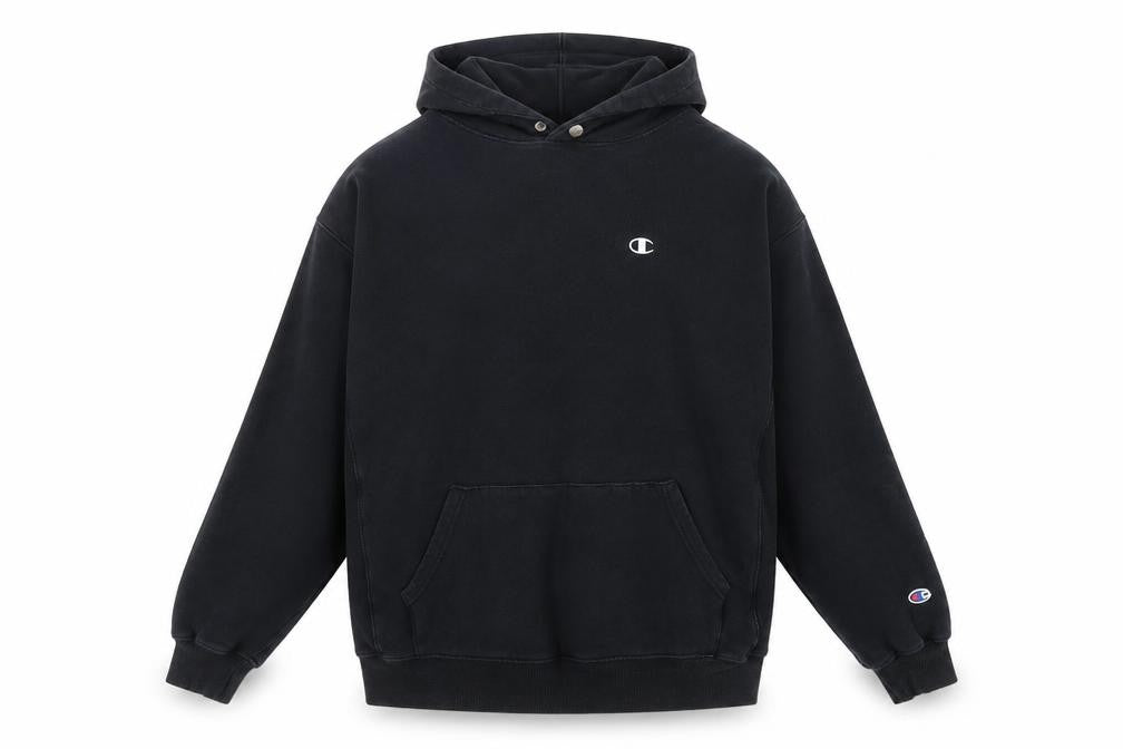 Front view of Champion Men's Black Pullover Hoodie Medium Embroidered Logo