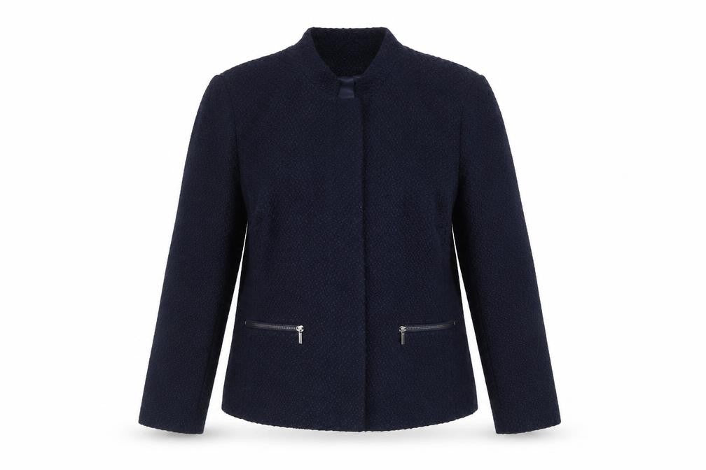 Front view of Marks & Spencer Women Blue, size 14, Lined Tweed Zip Jacket