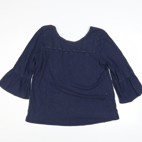 Fat Face Women Blue Embroidered Tunic Blouse Size 14 3/4 Sleeve