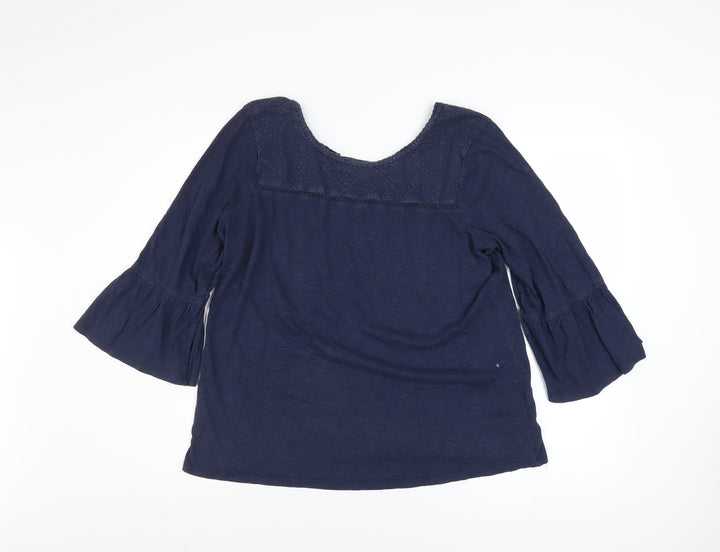 Fat Face Women Blue Embroidered Tunic Blouse Size 14 3/4 Sleeve